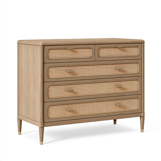 Commode 120 x 45 x 110 cm en bois et cannage beige - 5 tiroirs style rétro