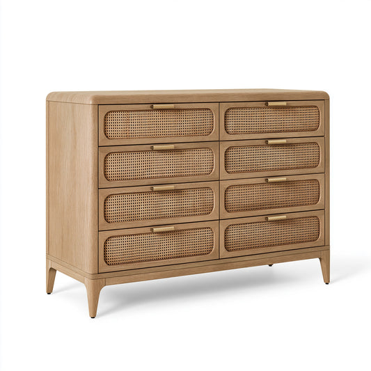 Commode 120 x 45 x 100 cm en bois beige avec 8 tiroirs cannage style naturel