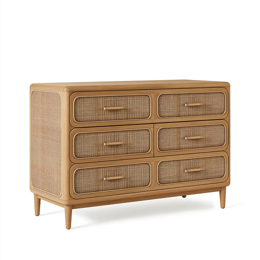 Commode 140 x 45 x 90 cm en bois naturel et cannage - 6 tiroirs style bohème