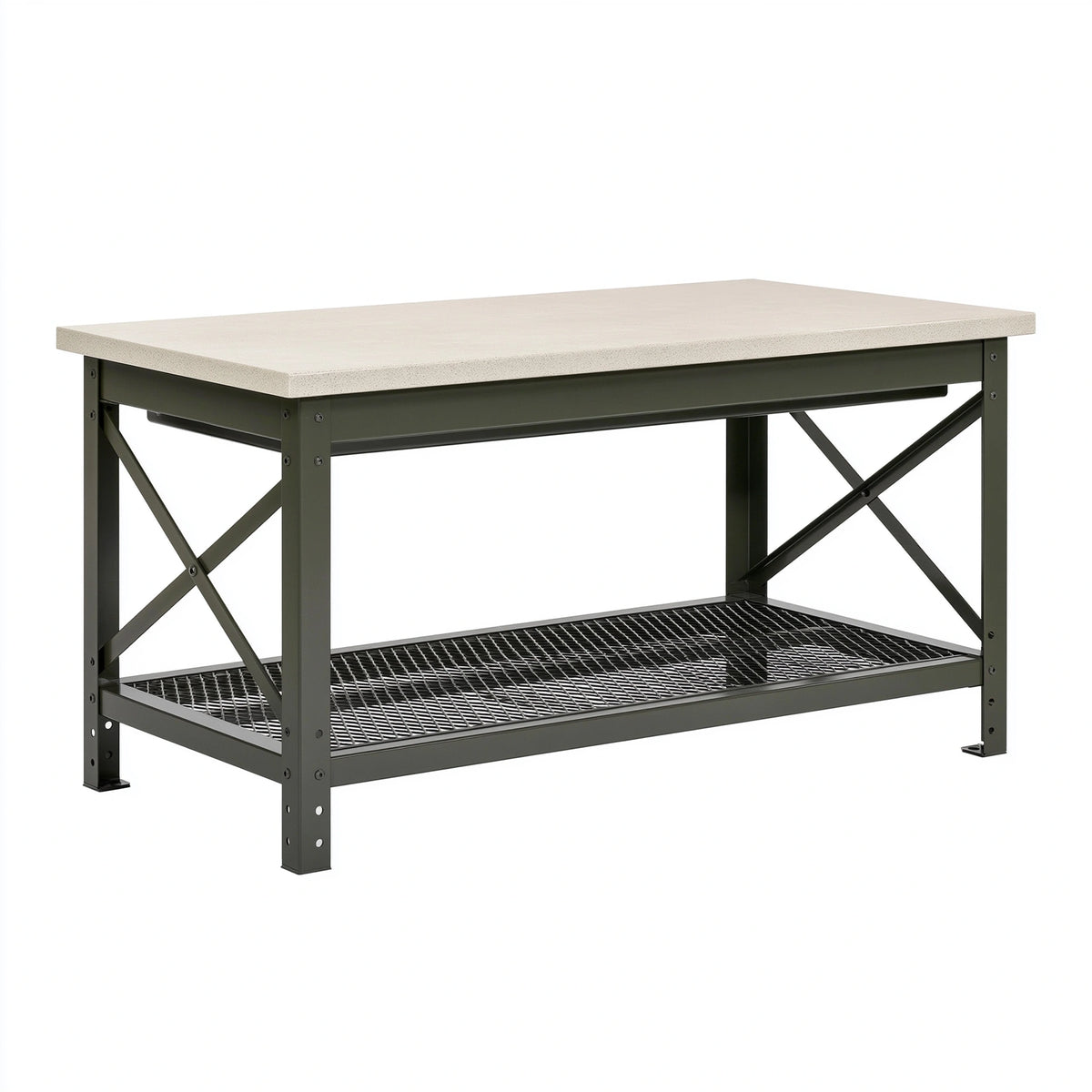 Établi de travail 152 x 61 x 89 cm en acier noir et panneau beige avec étagère grillagée style industriel