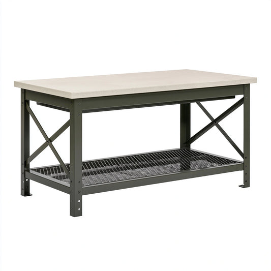 Établi de travail 152 x 61 x 89 cm en acier noir et panneau beige avec étagère grillagée style industriel