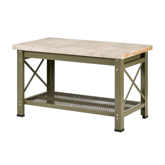 Établi 120 x 60 x 90 cm en bois et métal vert kaki avec étagère de rangement
