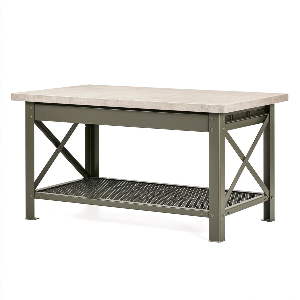 Établi 120 cm en métal gris avec plateau aspect pierre et étagère basse style industriel