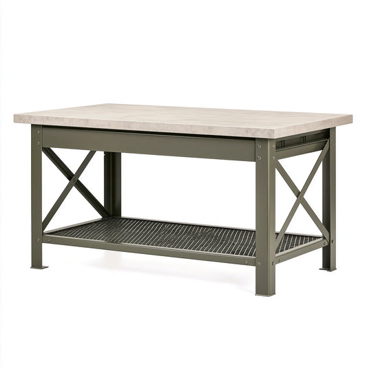 Établi 120 cm en métal gris avec plateau aspect pierre et étagère basse style industriel