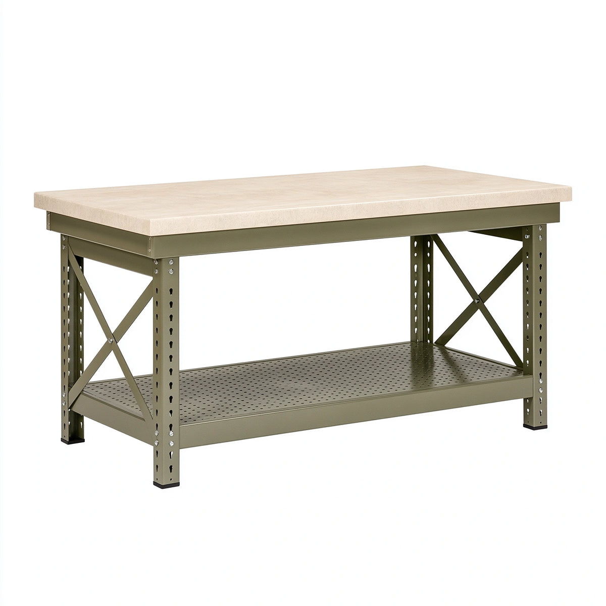 Établi d'atelier 120 x 60 x 90 cm en acier vert avec plateau en bois et étagère industrielle