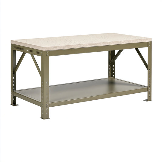 Établi 120 x 60 x 90 cm en acier vert avec plateau effet pierre et étagère basse