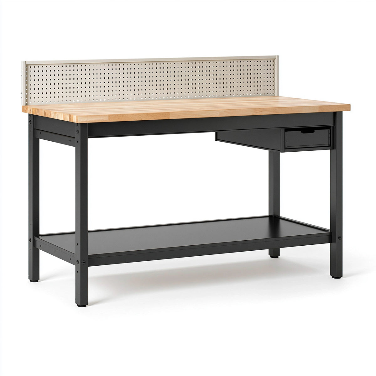 Établi d'atelier 120 x 60 x 155 cm en bois et acier noir avec panneau perforé