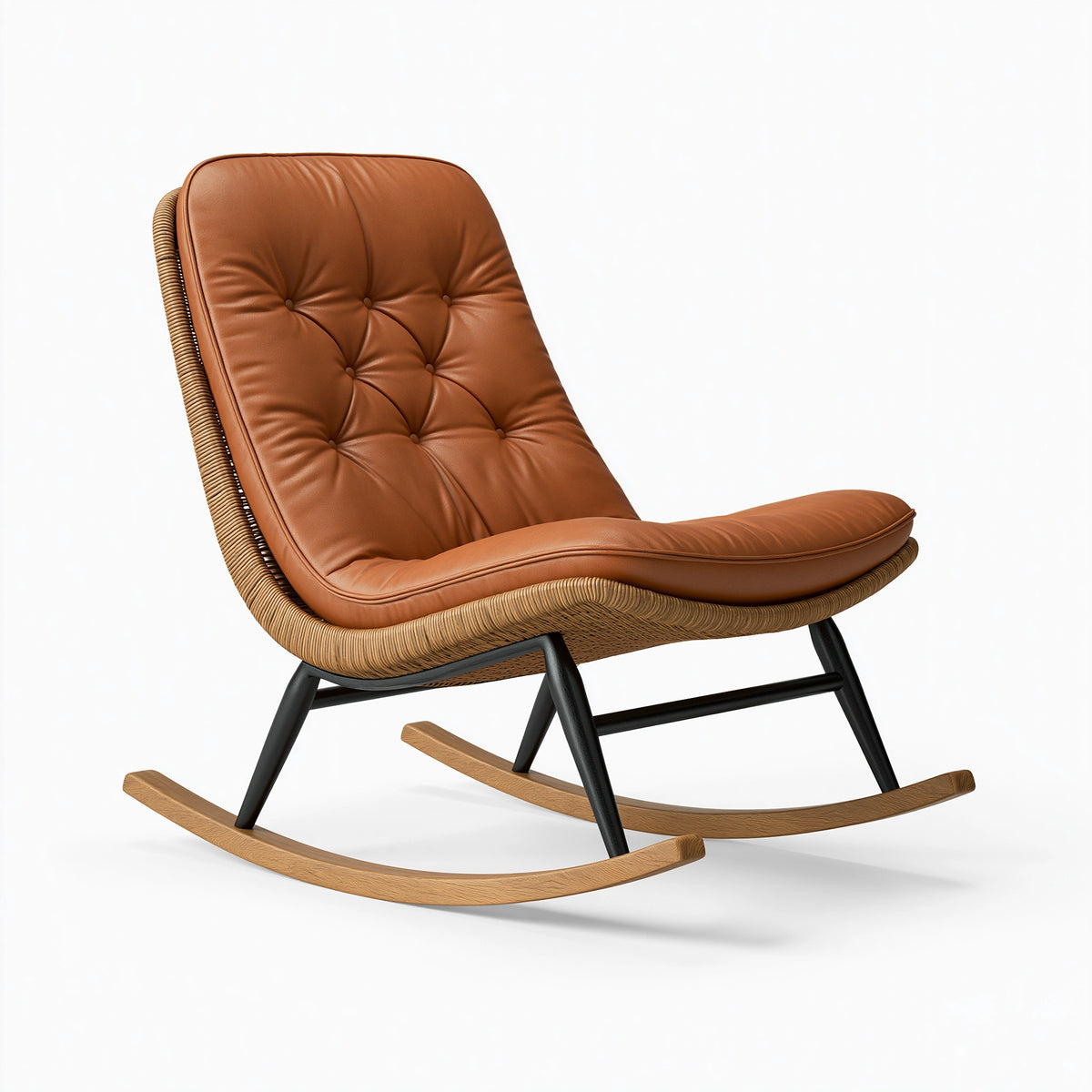 Fauteuil à bascule 75 x 95 x 95 cm en rotin et revêtement aspect cuir cognac style vintage