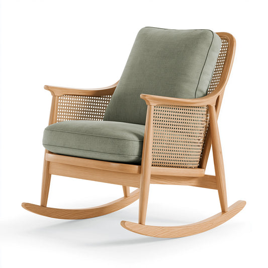 Fauteuil à bascule 70 x 95 x 100 cm en bois et cannage vert style scandinave