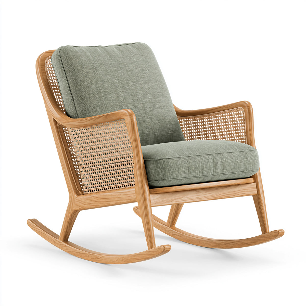 Fauteuil à bascule 70 x 100 x 95 cm en bois cannage et tissu vert style naturel