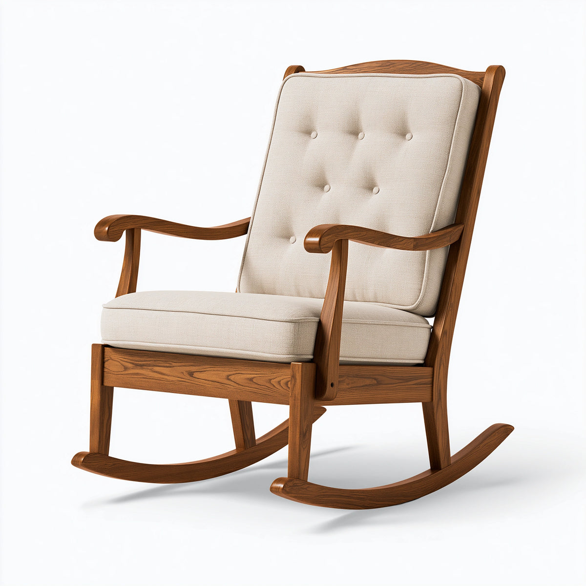 Fauteuil à bascule 68 x 90 x 105 cm en bois brun et tissu beige - style classique