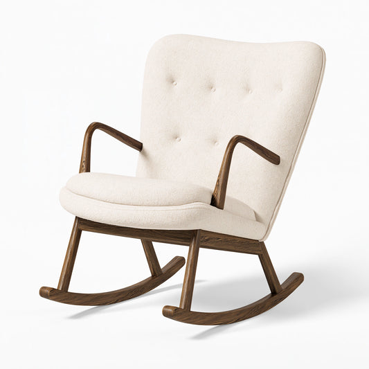 Fauteuil à bascule 70 x 95 x 105 cm en bois et tissu bouclette écru style nordique