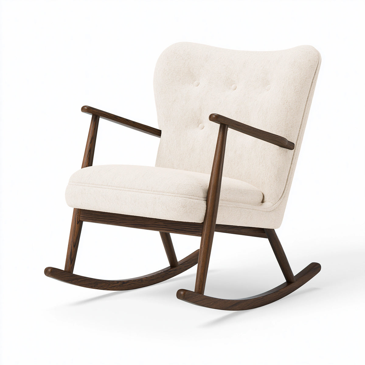 Fauteuil à bascule 70 x 90 x 100 cm en tissu bouclette écru et bois brun style scandinave