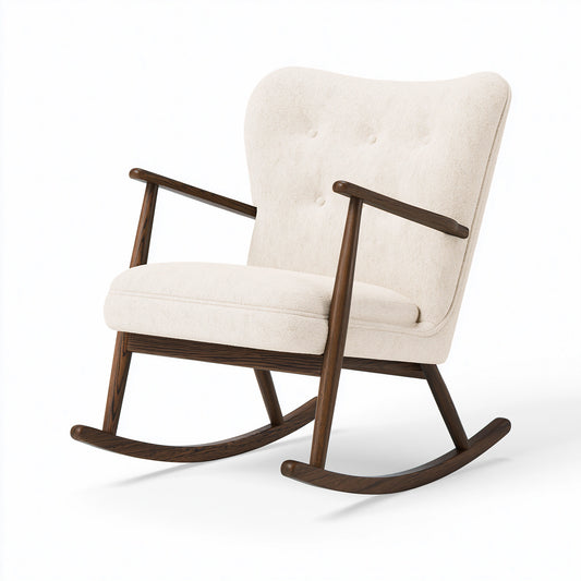 Fauteuil à bascule 70 x 90 x 100 cm en tissu bouclette écru et bois brun style scandinave