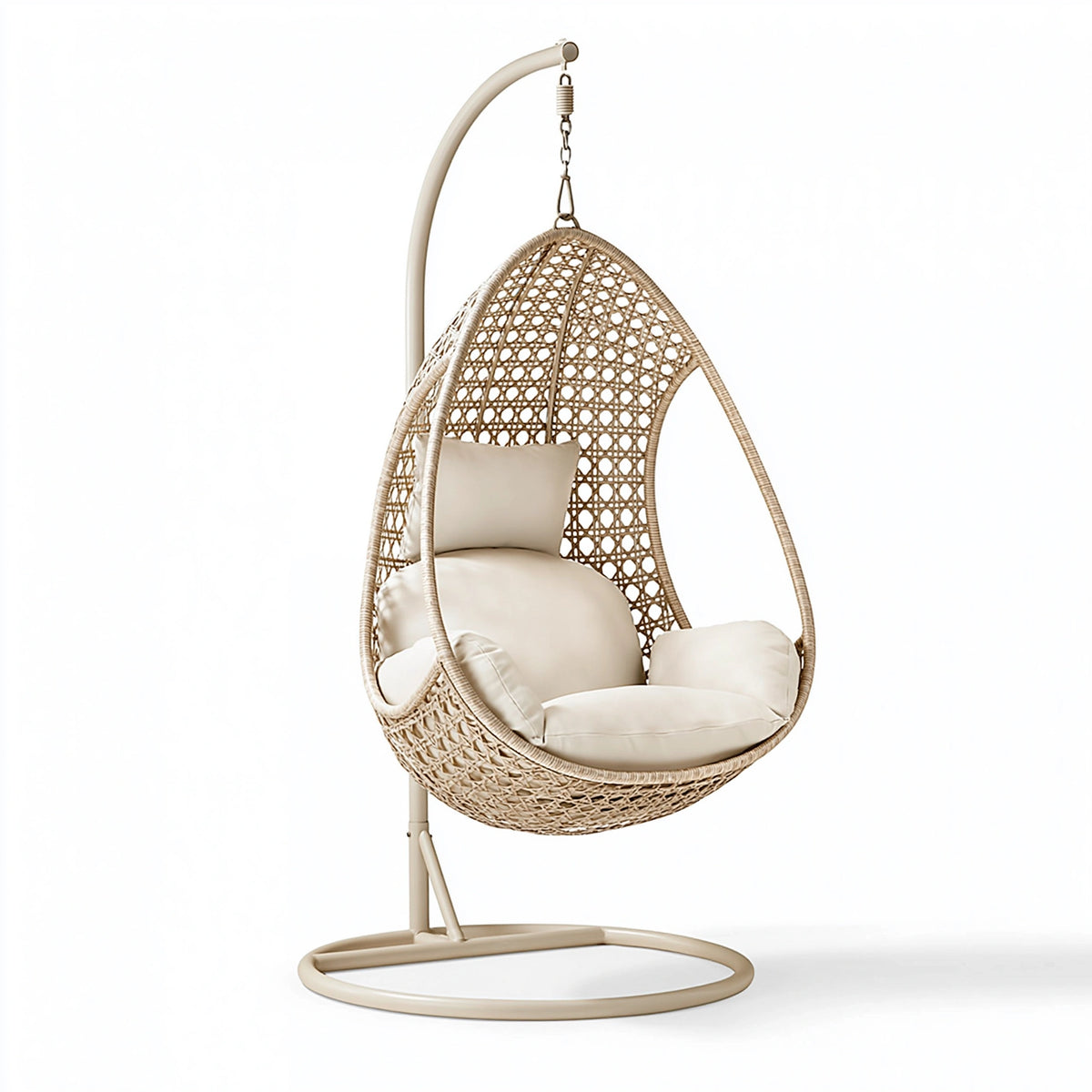 Fauteuil suspendu 105 x 105 x 195 cm en métal et tressage effet rotin beige style bohème avec support