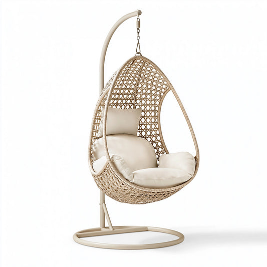 Fauteuil suspendu 105 x 105 x 195 cm en métal et tressage effet rotin beige style bohème avec support