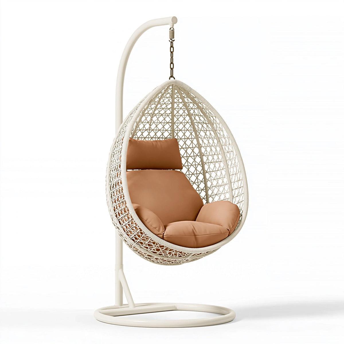 Fauteuil suspendu 105 x 105 x 195 cm en résine tressée blanc et brun style bohème avec support