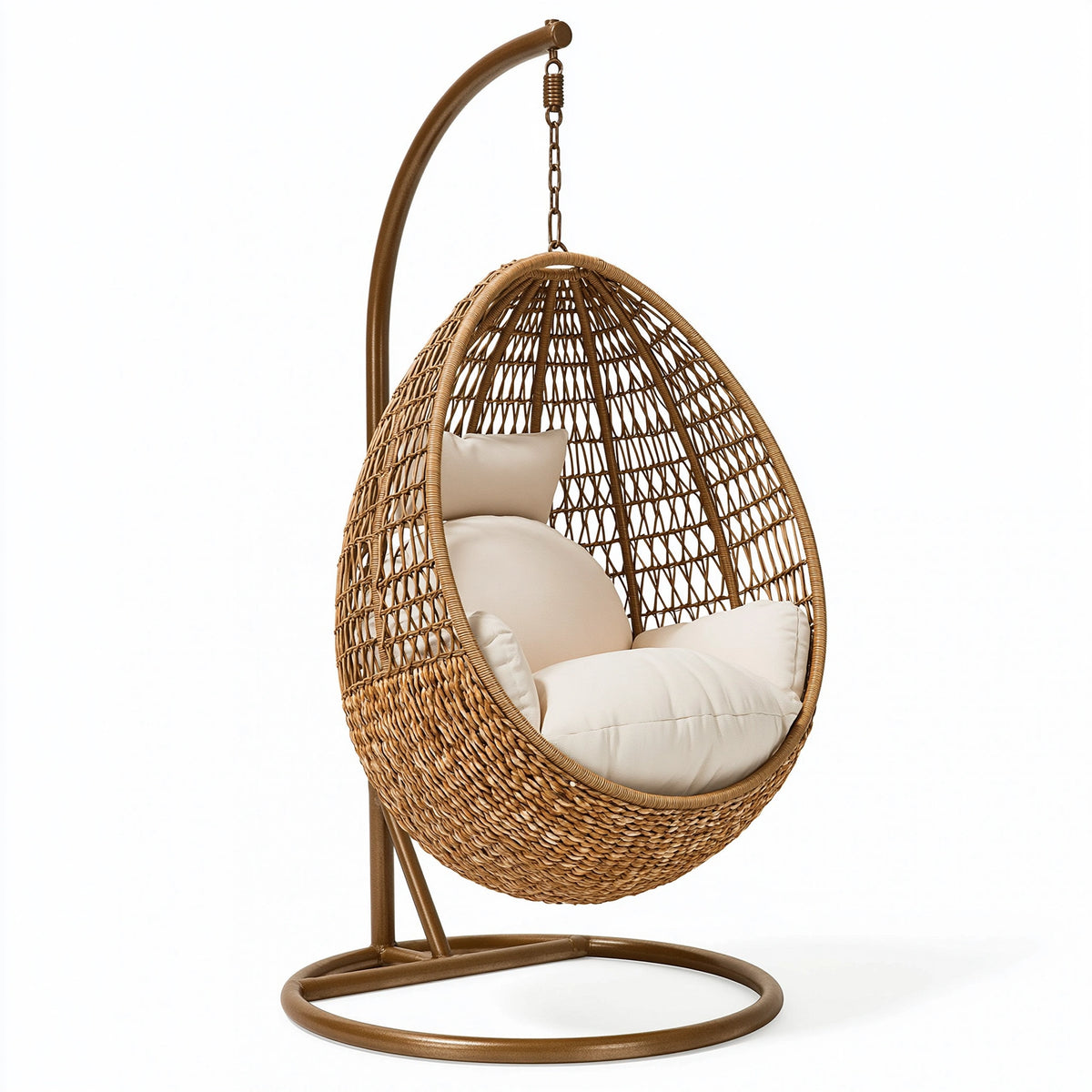 Fauteuil suspendu 105 x 105 x 195 cm en fibre tressée marron avec support en métal pour intérieur
