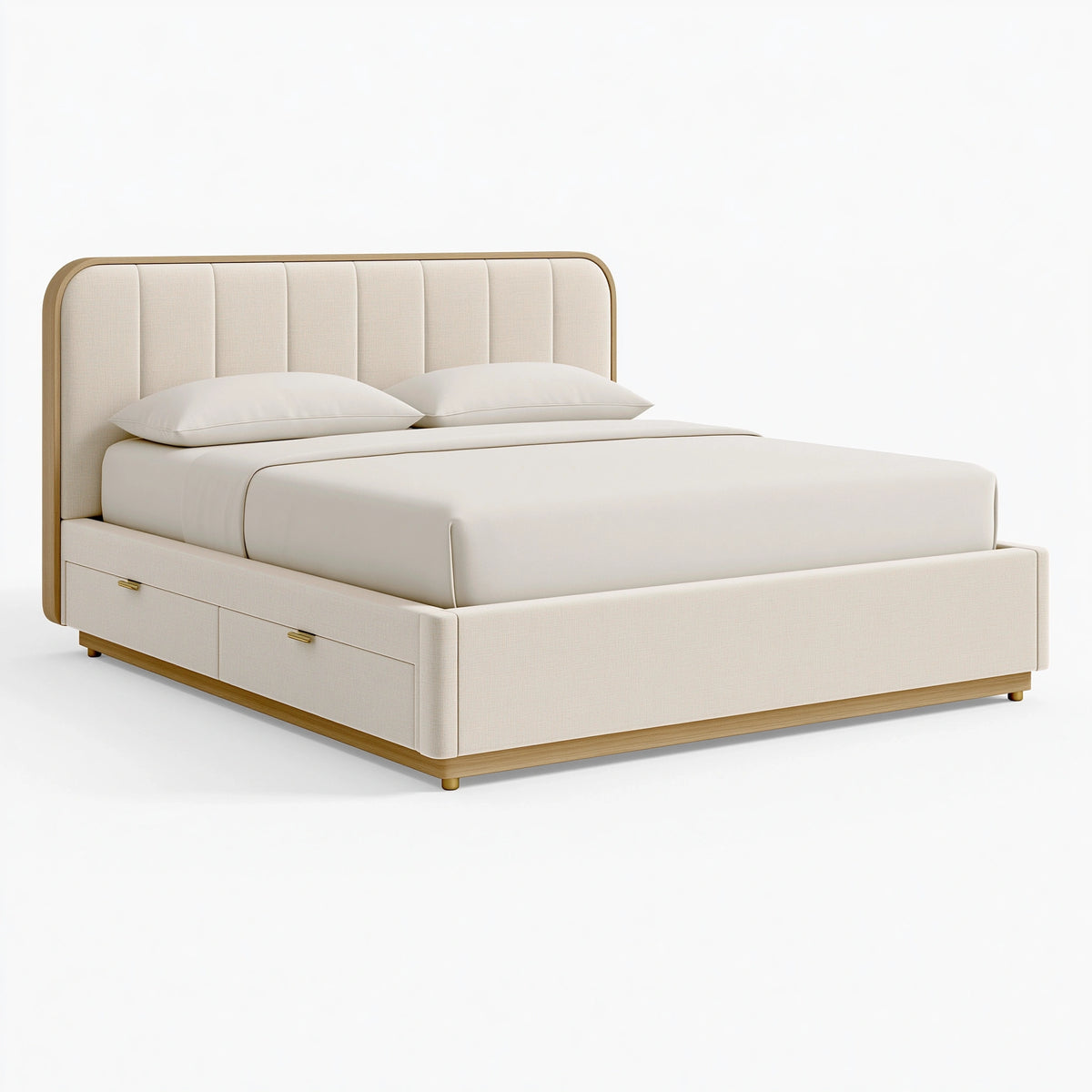 Lit coffre 160 x 200 cm en tissu beige et bois avec tiroirs style contemporain