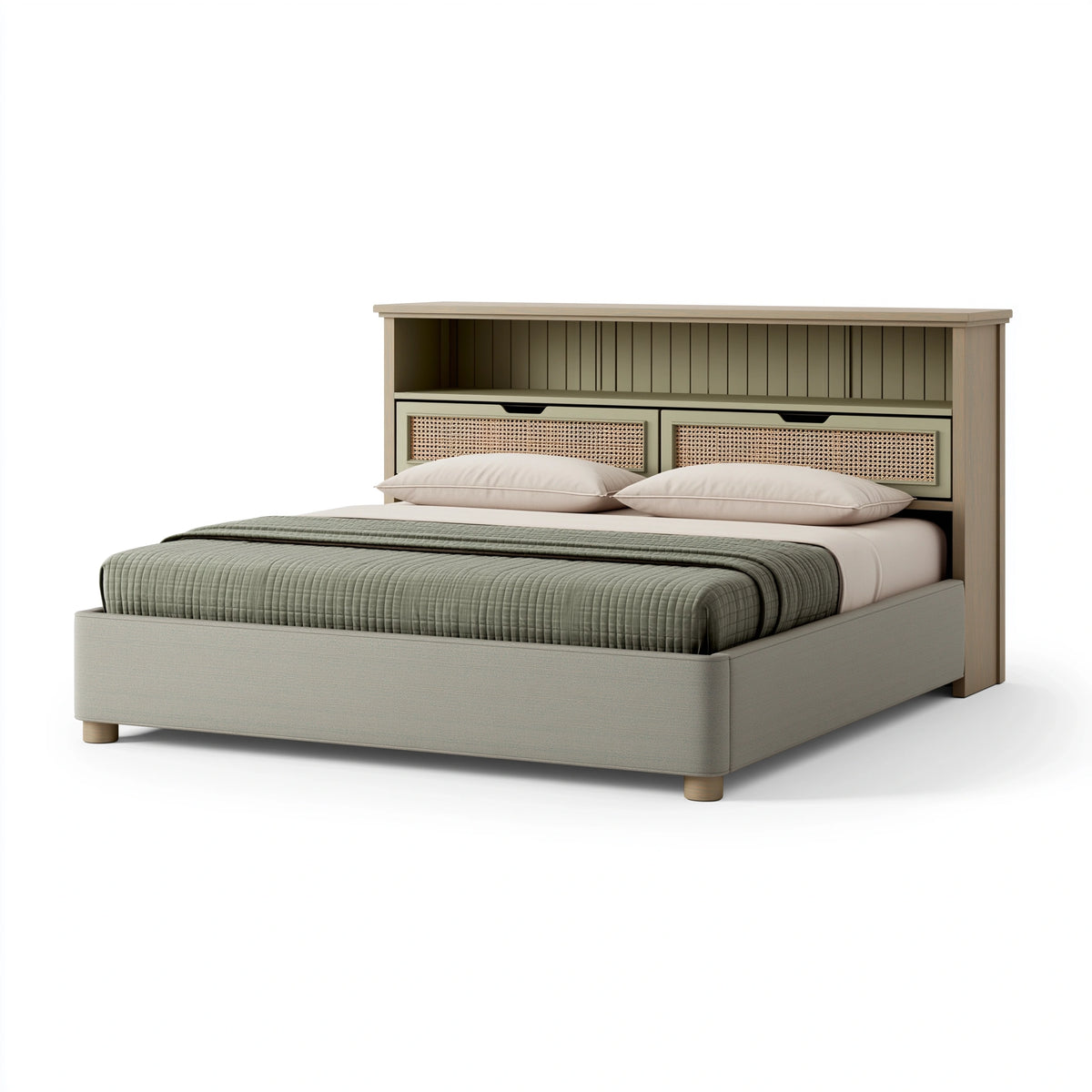 Lit double 160 x 200 cm en bois beige avec tête de lit de rangement style naturel
