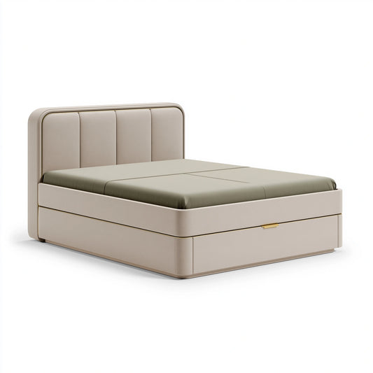 Lit double 160 x 200 cm en tissu beige vert olive avec rangement intégré style contemporain