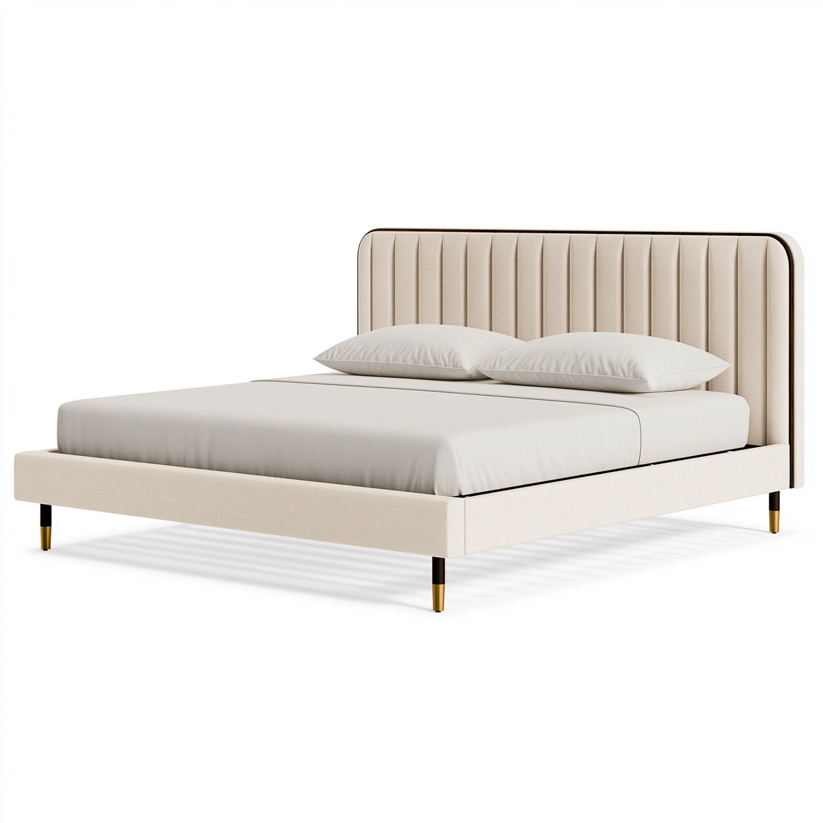 Lit double 160 x 200 cm en tissu beige style contemporain avec tête de lit capitonnée