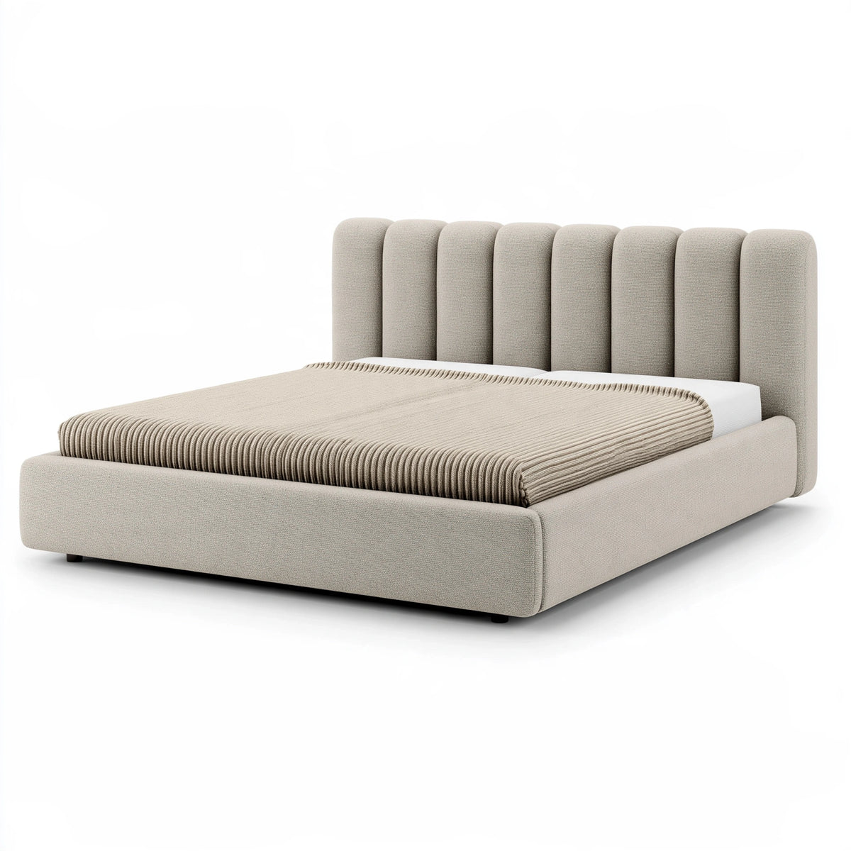 Lit 160 x 200 cm en tissu bouclette beige - tête de lit capitonnée contemporaine