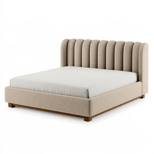 Lit 180 x 200 cm en tissu bouclette beige avec tête de lit capitonnée style contemporain